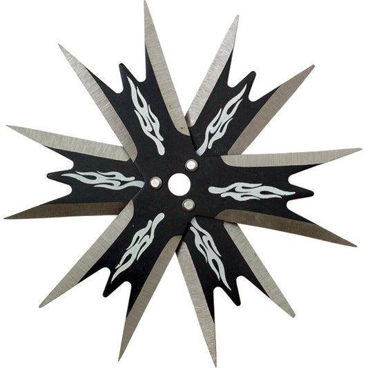 4" Black 12-Point Stainless Steel Throwing Star with Flame Design